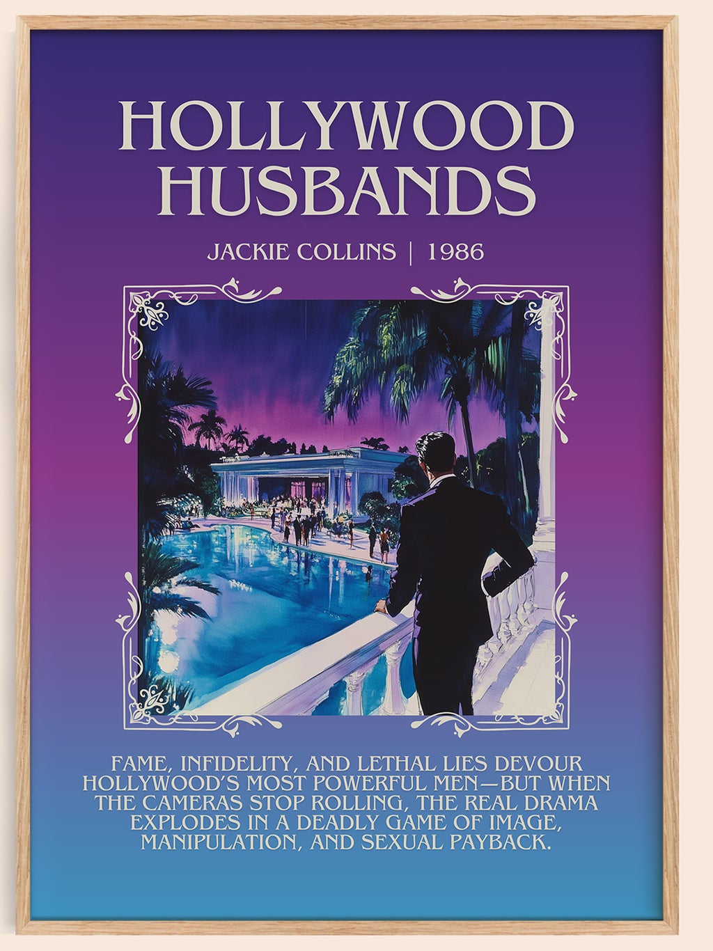 Hollywood Husbands minimalist book poster by Jackie Collins – framed literary art print
