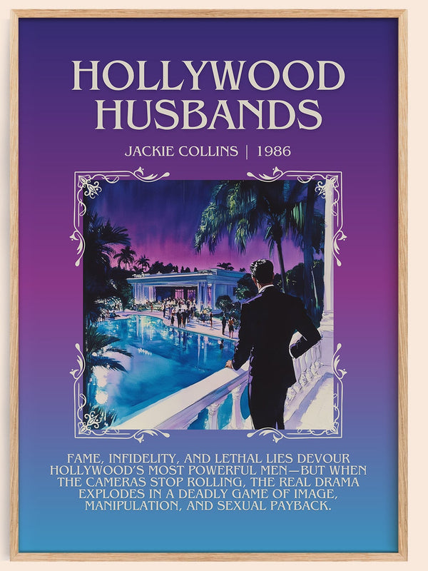 Hollywood Husbands minimalist book poster by Jackie Collins – framed literary art print