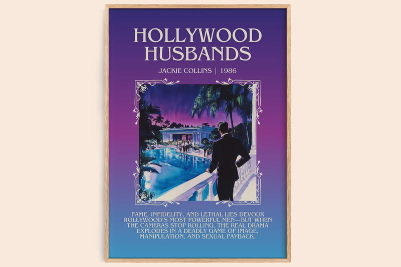 Hollywood Husbands minimalist book poster by Jackie Collins – framed literary art print