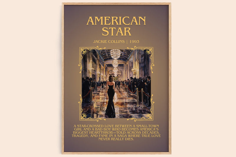 American Star minimalist book poster by Jackie Collins – framed literary art print