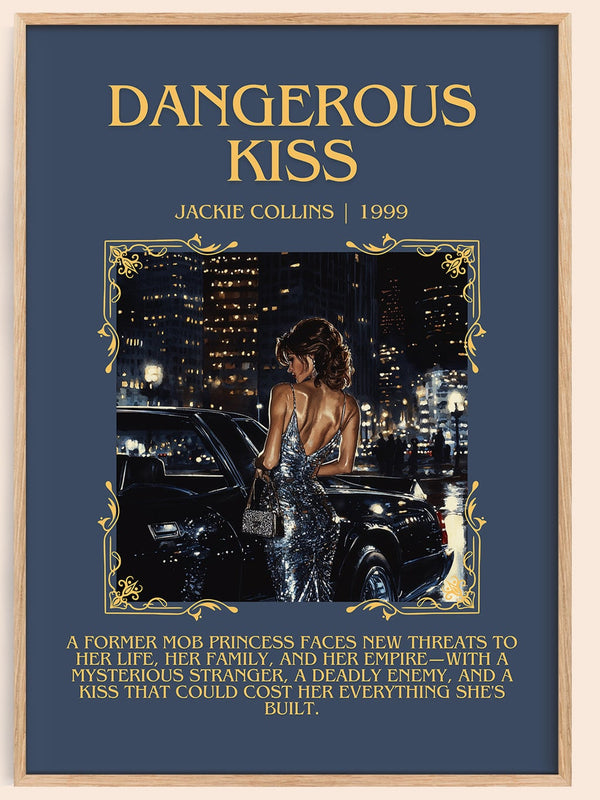 Dangerous Kiss minimalist book poster by Jackie Collins – framed literary art print