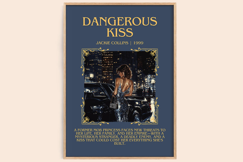 Dangerous Kiss minimalist book poster by Jackie Collins – framed literary art print