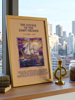 The Voyage of the Dawn Treader Minimalist Book Poster by C. S. Lewis – framed print on a city-view windowsill
