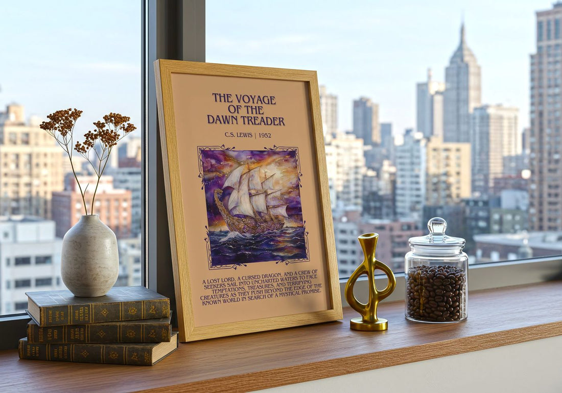 The Voyage of the Dawn Treader Minimalist Book Poster by C. S. Lewis – framed print on a city-view windowsill