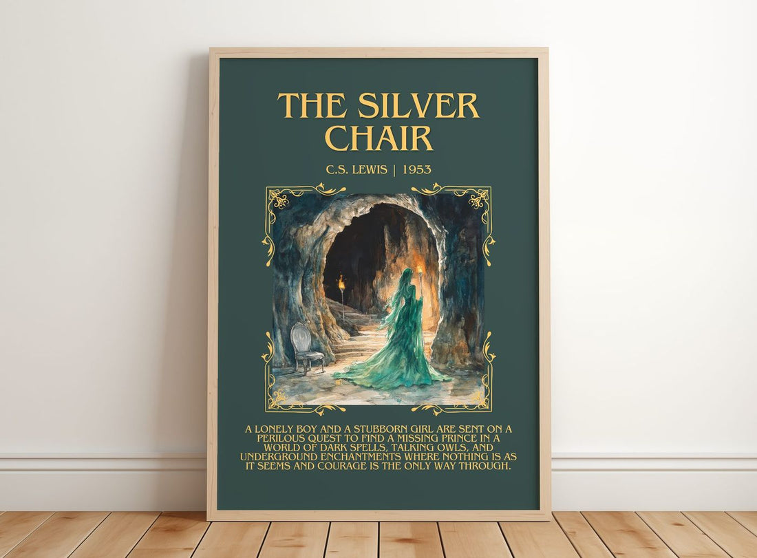 The Silver Chair Minimalist Book Poster by C. S. Lewis – framed print leaning on a wooden floor