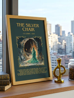 The Silver Chair Minimalist Book Poster by C. S. Lewis – framed print on a city-view windowsill