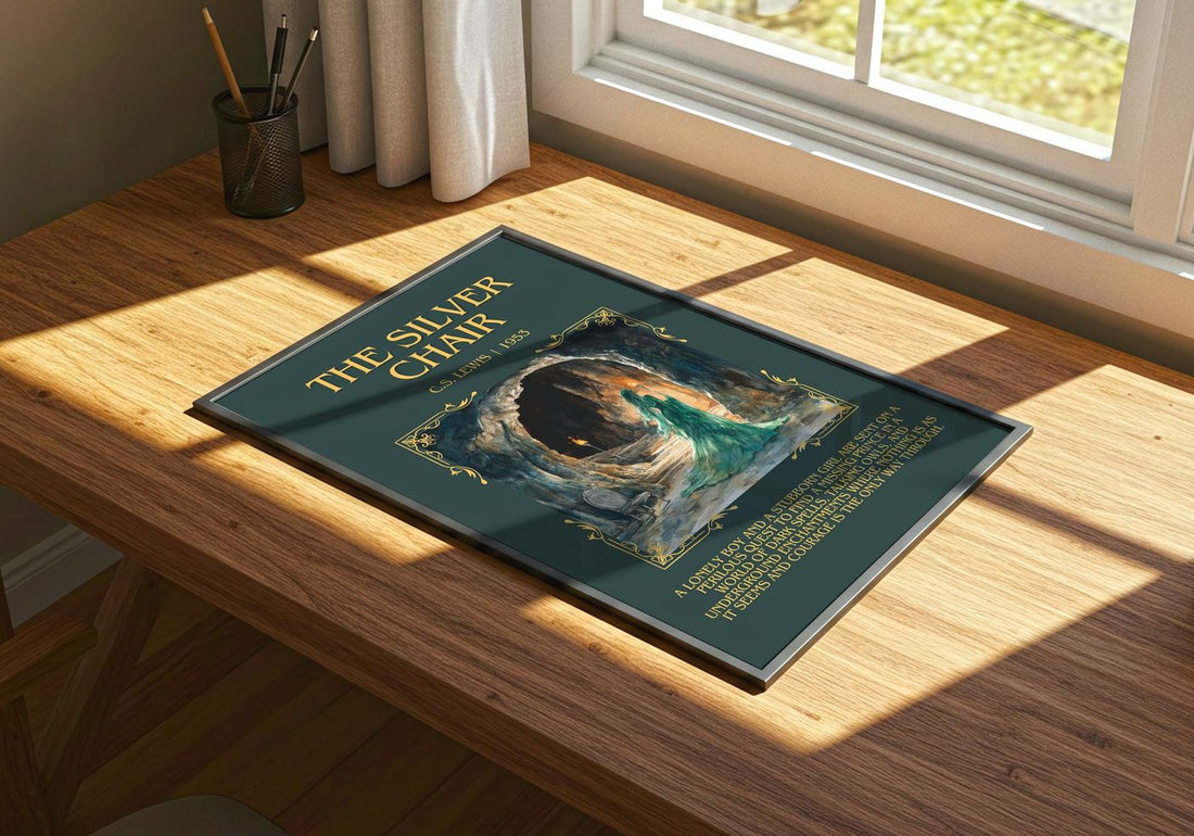 The Silver Chair Minimalist Book Poster by C. S. Lewis – print on a sunlit desk