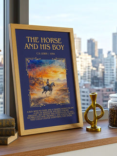 The Horse and his Boy Minimalist Book Poster by C. S. Lewis – framed print on a city-view windowsill