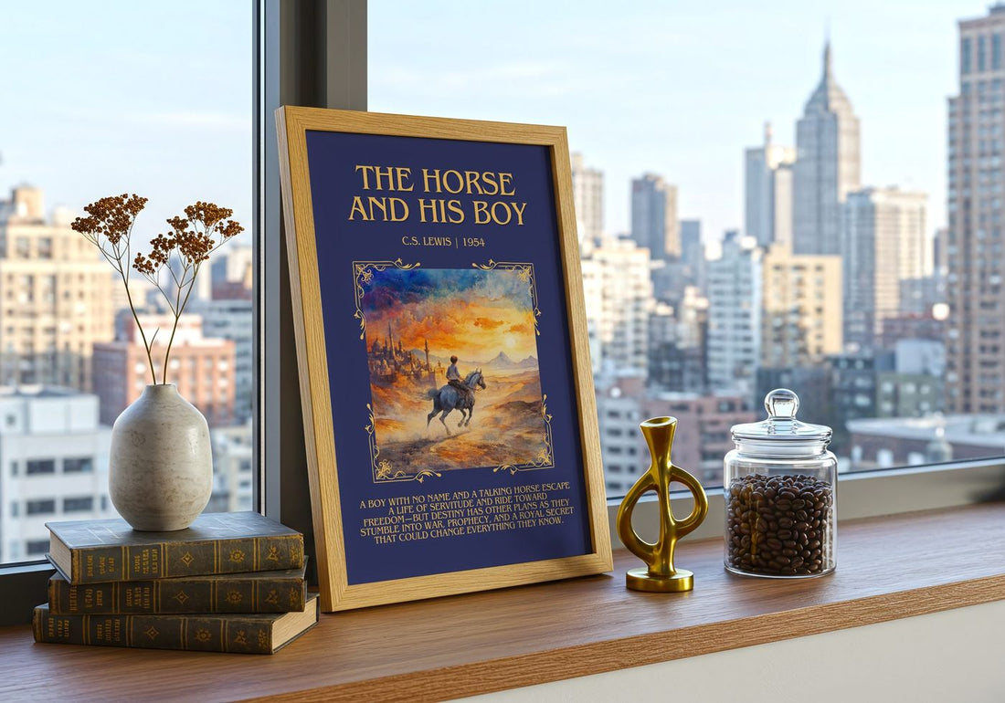 The Horse and his Boy Minimalist Book Poster by C. S. Lewis – framed print on a city-view windowsill