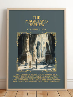 The Magician's Nephew Minimalist Book Poster by C. S. Lewis – framed print leaning on a wooden floor
