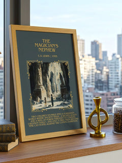 The Magician's Nephew Minimalist Book Poster by C. S. Lewis – framed print on a city-view windowsill