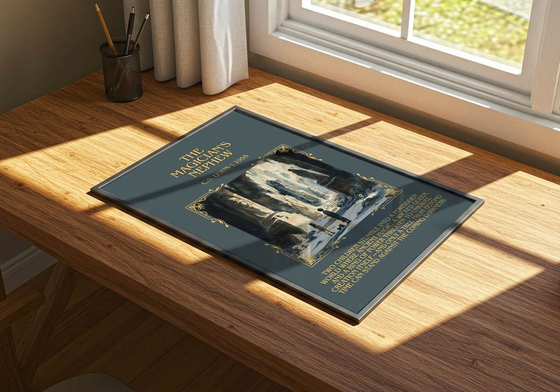 The Magician's Nephew Minimalist Book Poster by C. S. Lewis – print on a sunlit desk