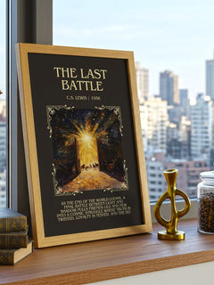 The Last Battle Minimalist Book Poster by C. S. Lewis – framed print on a city-view windowsill