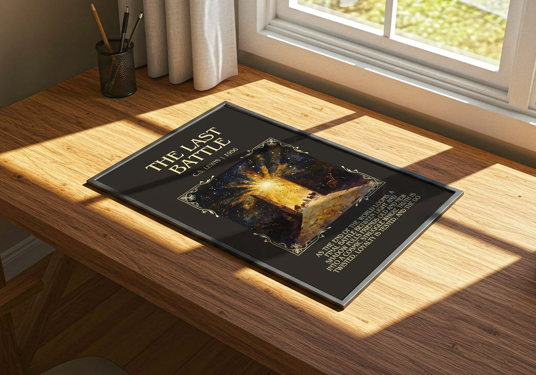 The Last Battle Minimalist Book Poster by C. S. Lewis – print on a sunlit desk