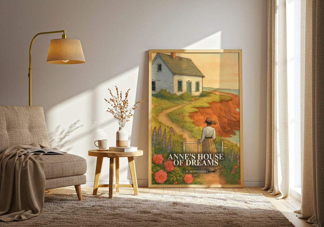 Anne'S House Of Dreams watercolour print in frame leaning in hallway – classic literature wall art (mockup)