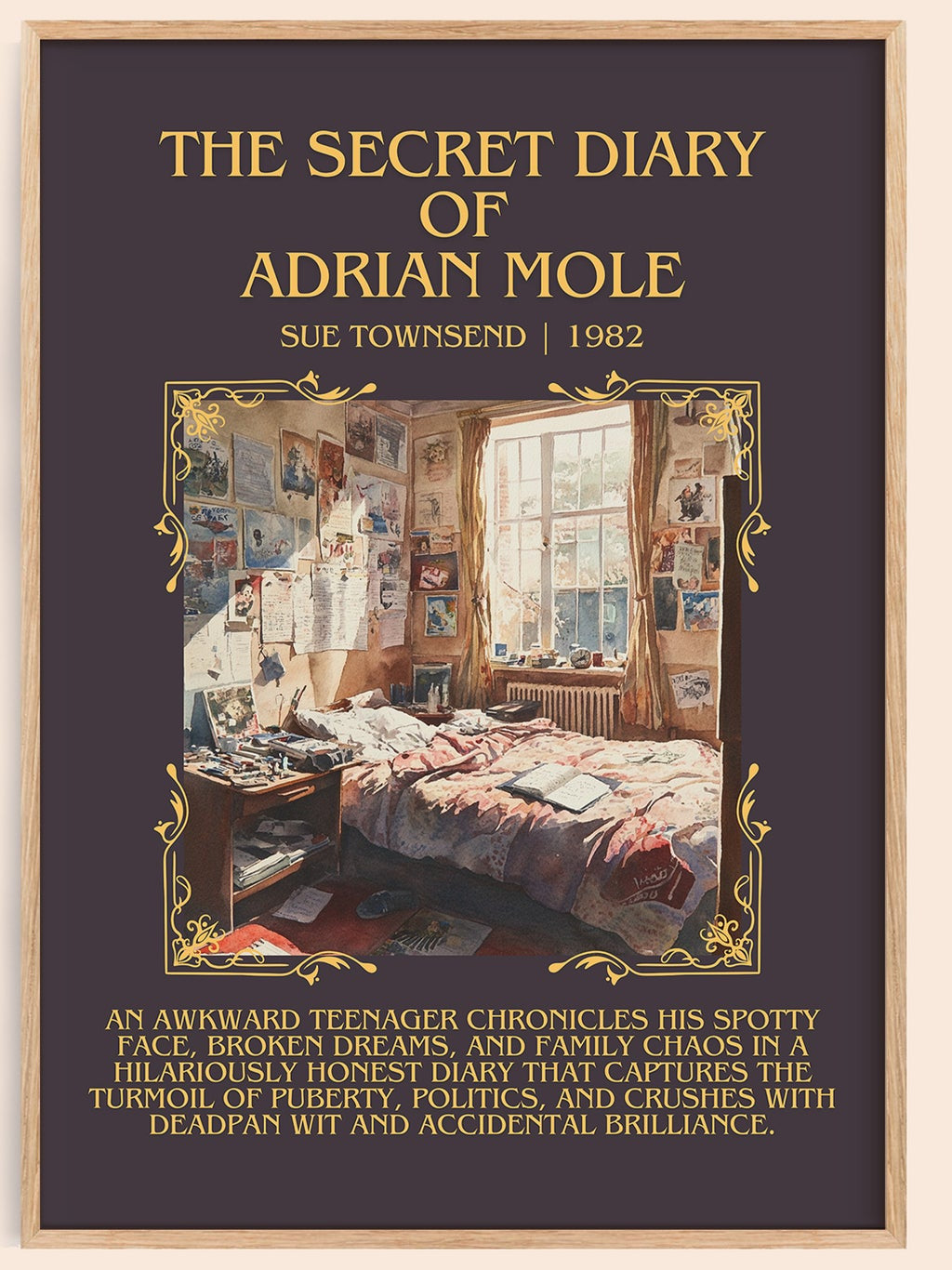 The Secret Diary Of Adrian Mole minimalist book poster by Sue Townsend – framed literary art print