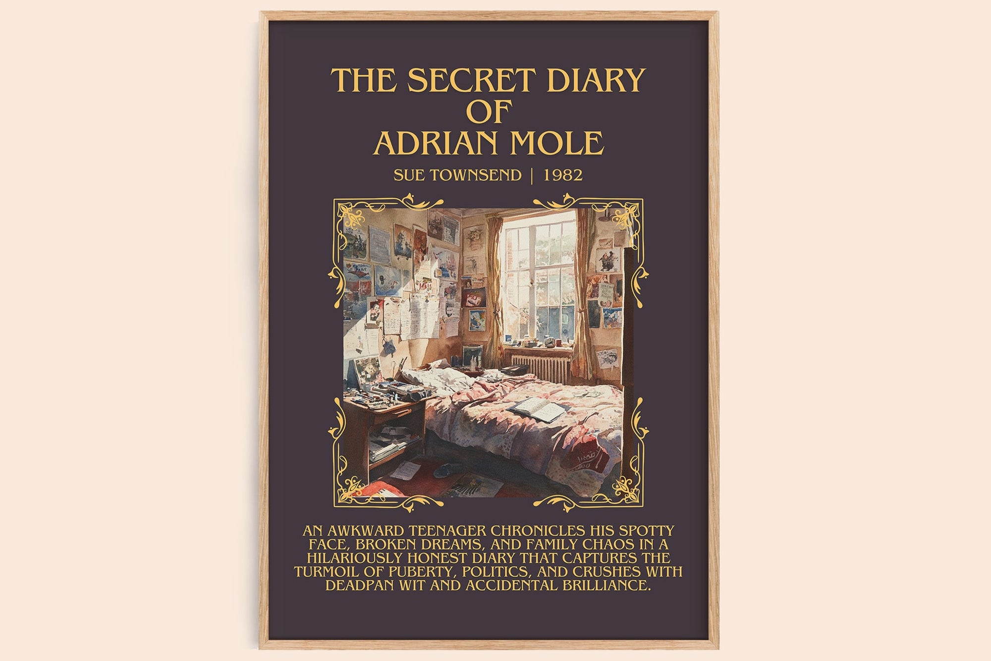 The Secret Diary Of Adrian Mole minimalist book poster by Sue Townsend – framed literary art print