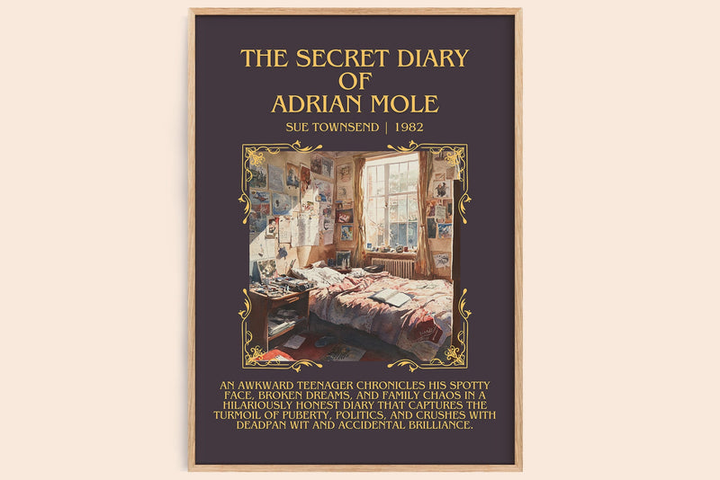 The Secret Diary Of Adrian Mole minimalist book poster by Sue Townsend – framed literary art print