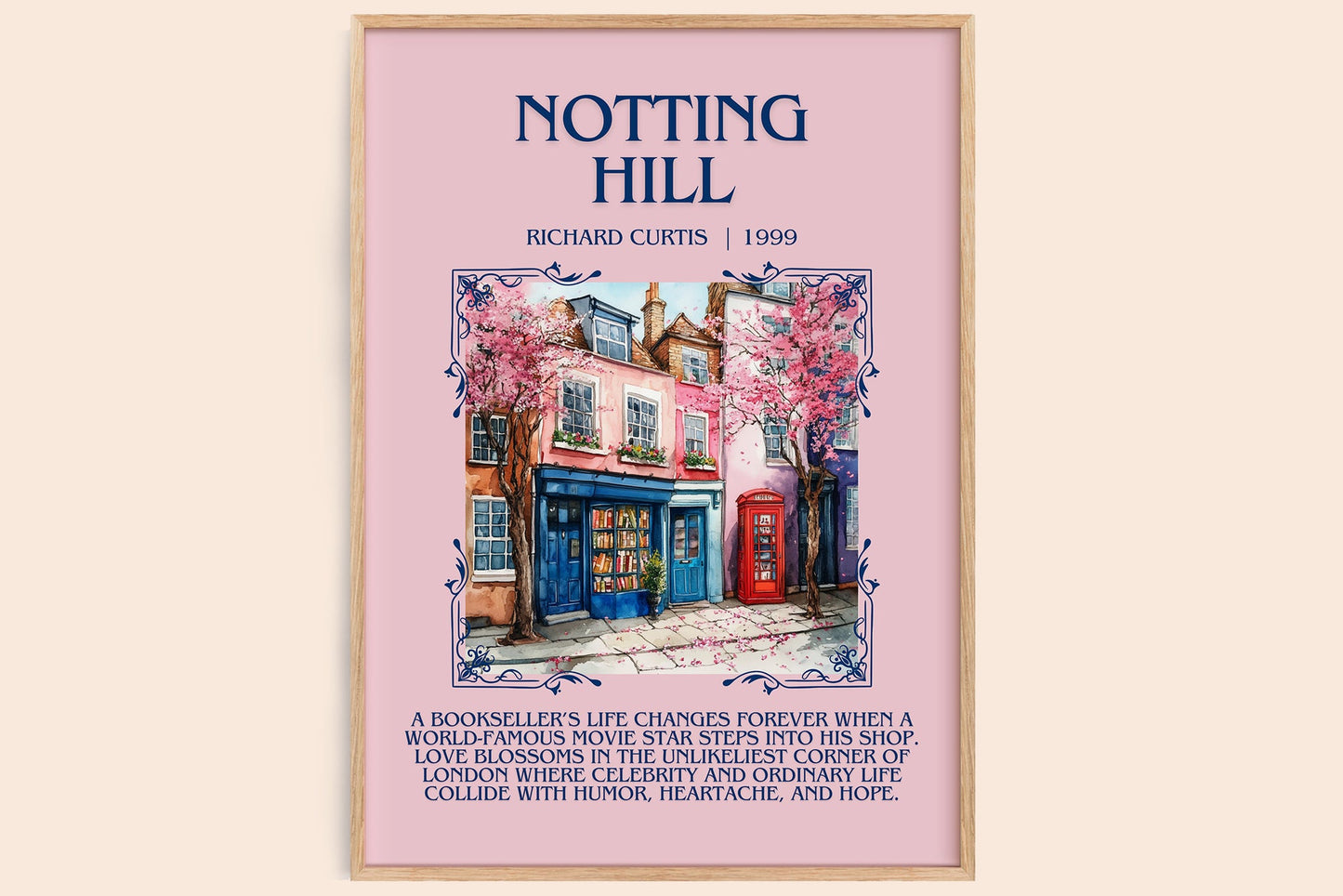 Notting Hill minimalist book poster by Richard Curtis – framed literary art print
