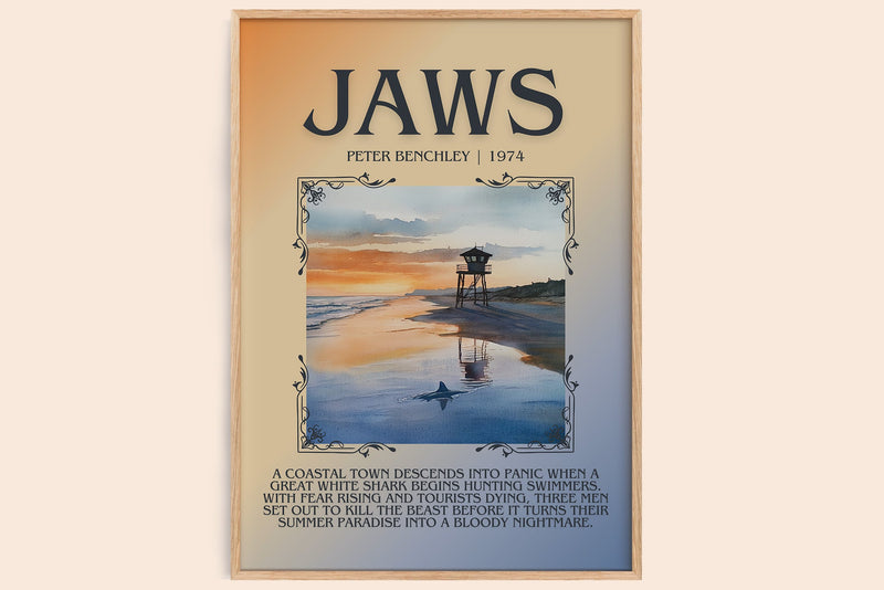 Jaws minimalist book poster by Peter Benchley – framed literary art print