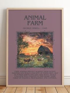 Animal Farm Minimalist Book Poster by George Orwell – framed print leaning on a wooden floor