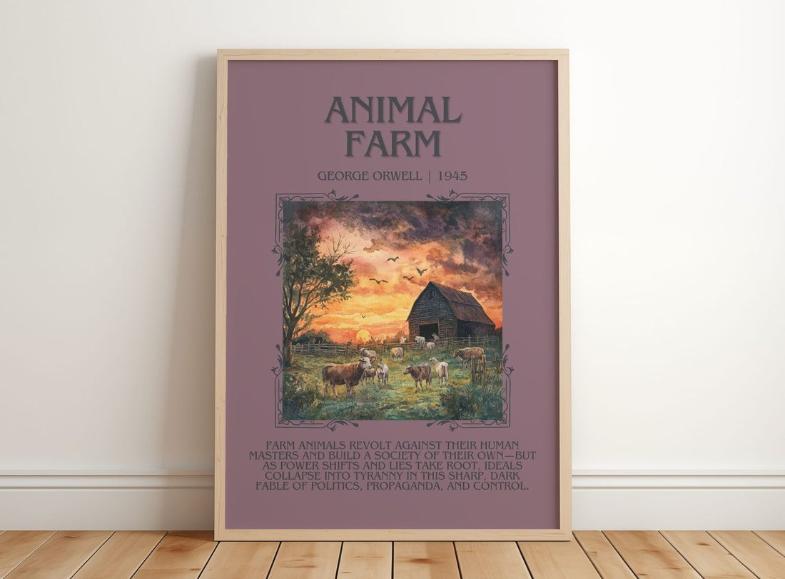 Animal Farm Minimalist Book Poster by George Orwell – framed print leaning on a wooden floor