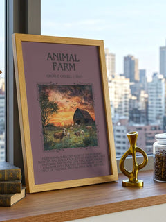 Animal Farm Minimalist Book Poster by George Orwell – framed print on a city-view windowsill