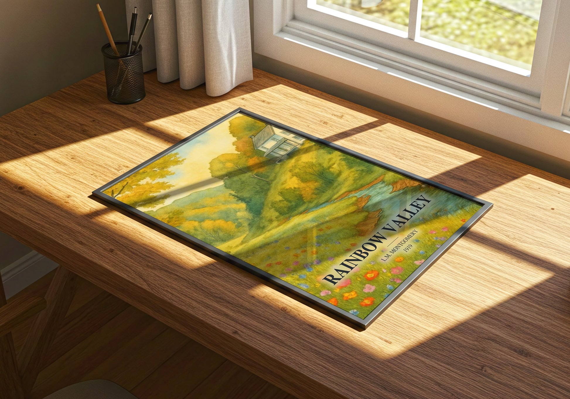 Rainbow Valley watercolour book poster framed on wall – childrens wall art