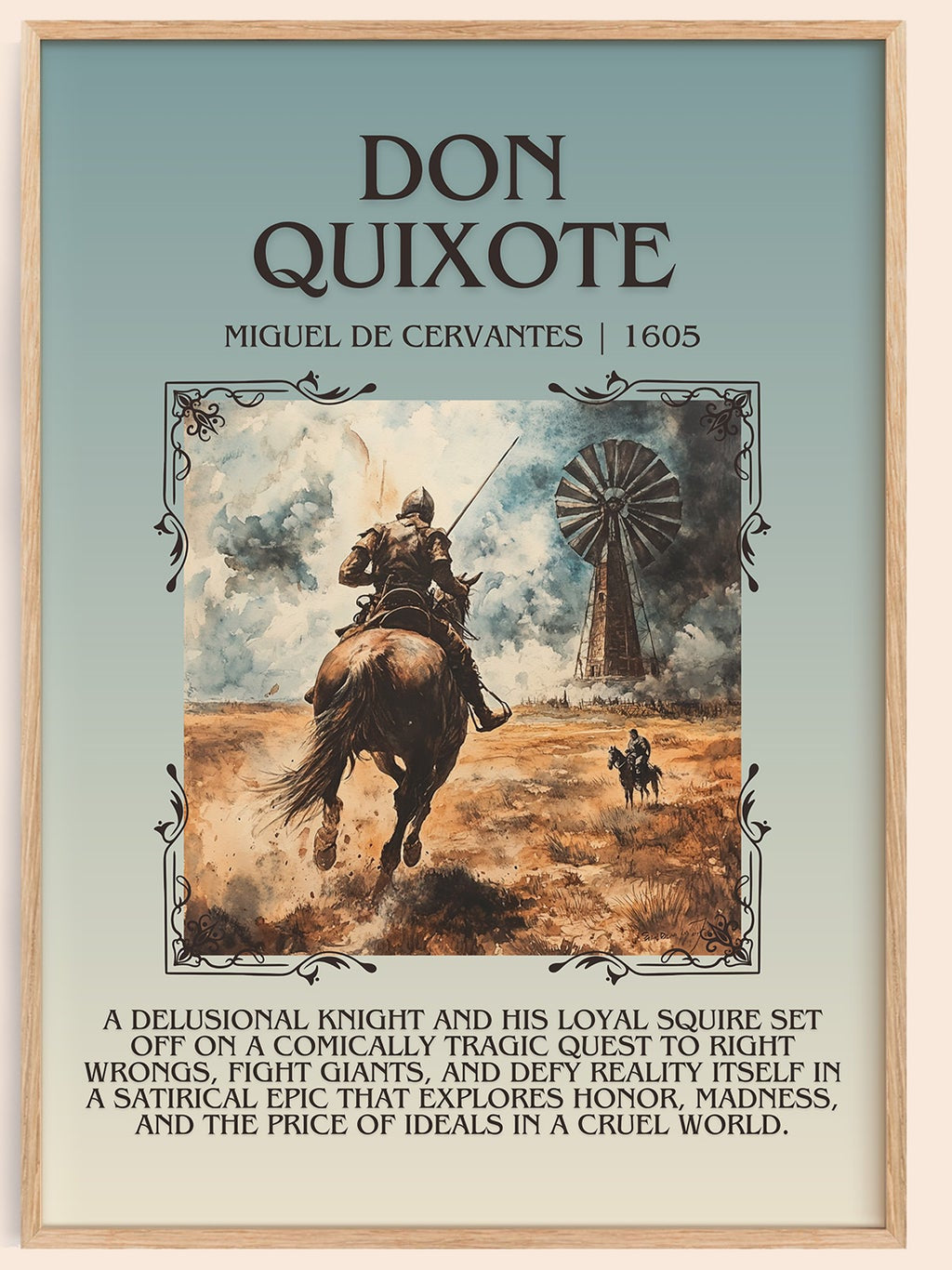Don Quixote minimalist book poster by Miguel De Cervantes – framed literary art print