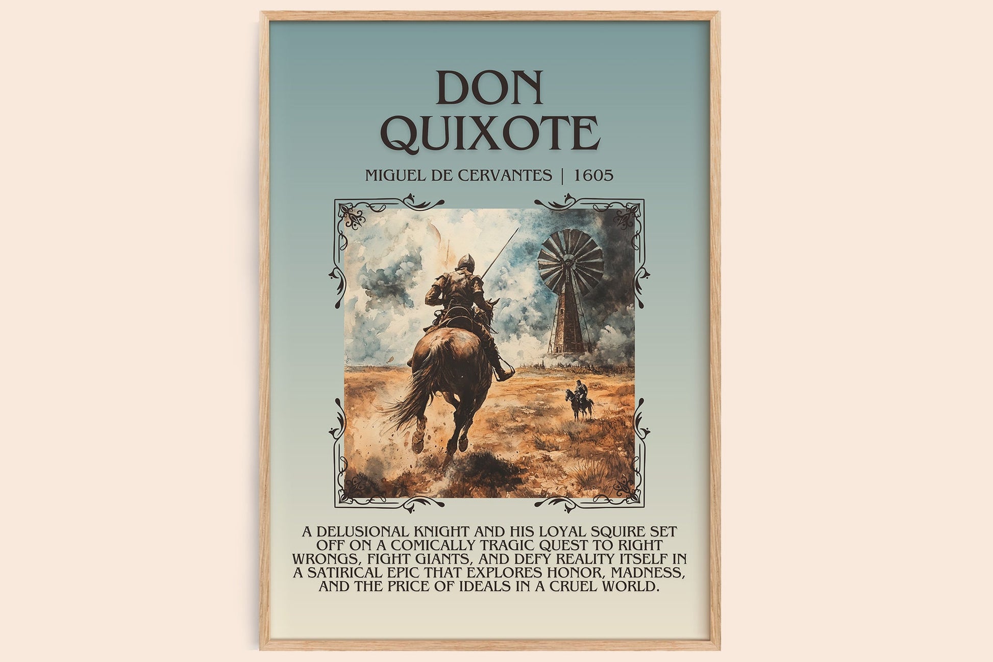 Don Quixote minimalist book poster by Miguel De Cervantes – framed literary art print