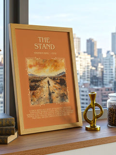 The Stand Minimalist Book Poster by Stephen King – framed print on a city-view windowsill