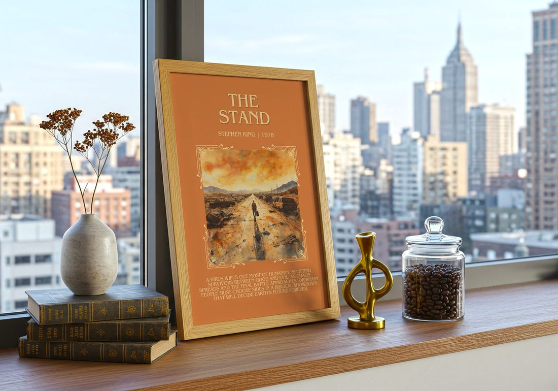The Stand Minimalist Book Poster by Stephen King – framed print on a city-view windowsill