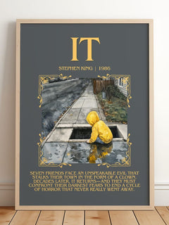 It Minimalist Book Poster by Stephen King – framed print leaning on a wooden floor