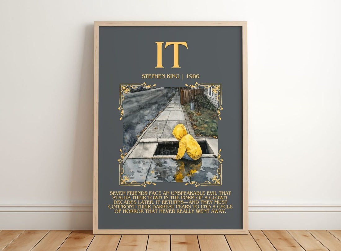 It Minimalist Book Poster by Stephen King – framed print leaning on a wooden floor