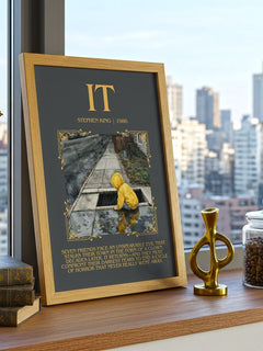 It Minimalist Book Poster by Stephen King – framed print on a city-view windowsill