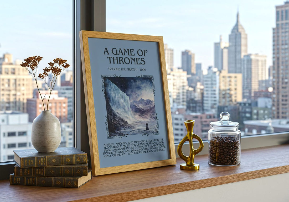 A Game Of Thrones Minimalist Book Poster by George R.R. Martin – framed print on a city-view windowsill