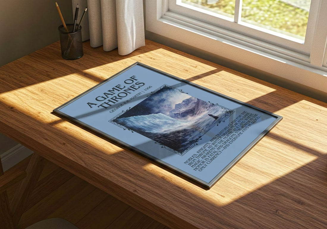A Game Of Thrones Minimalist Book Poster by George R.R. Martin – print on a sunlit desk