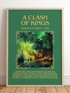A Clash of Kings Minimalist Book Poster by George R. R. Martin – framed print leaning on a wooden floor