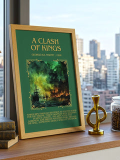 A Clash of Kings Minimalist Book Poster by George R. R. Martin – framed print on a city-view windowsill