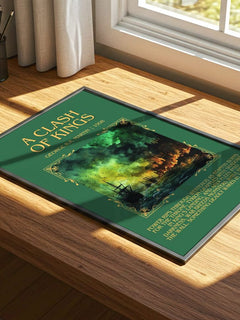 A Clash of Kings Minimalist Book Poster by George R. R. Martin – print on a sunlit desk