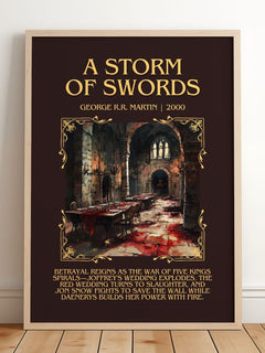 A Storm of Swords Minimalist Book Poster by George R. R. Martin – framed print leaning on a wooden floor