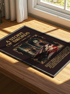 A Storm of Swords Minimalist Book Poster by George R. R. Martin – print on a sunlit desk