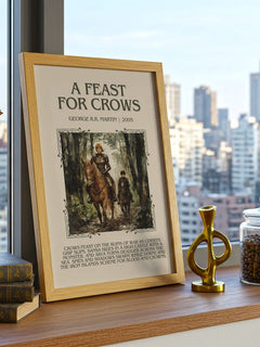 A Feast For Crows Minimalist Book Poster by George R.R. Martin – framed print on a city-view windowsill