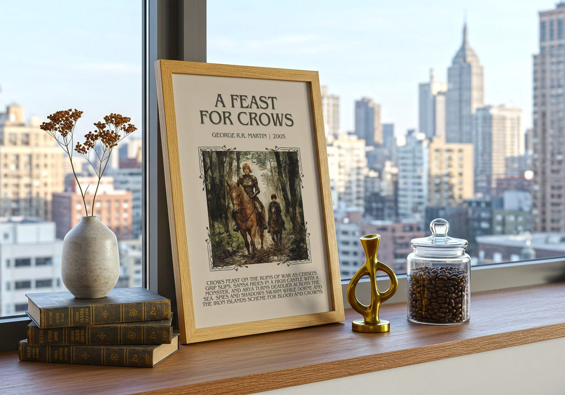 A Feast For Crows Minimalist Book Poster by George R.R. Martin – framed print on a city-view windowsill