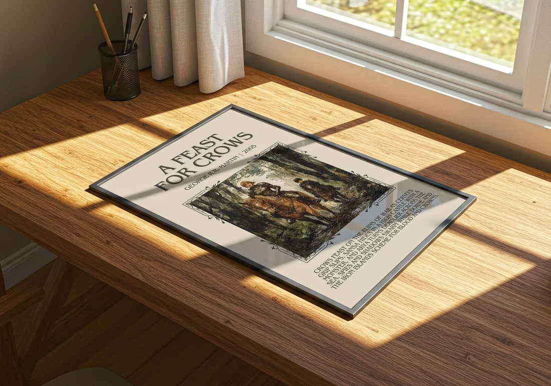 A Feast For Crows Minimalist Book Poster by George R.R. Martin – print on a sunlit desk