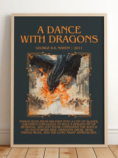 A Dance With Dragons Minimalist Book Poster by George R.R. Martin – framed print leaning on a wooden floor