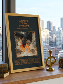 A Dance With Dragons Minimalist Book Poster by George R.R. Martin – framed print on a city-view windowsill