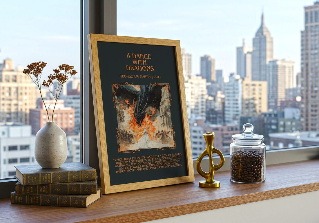 A Dance With Dragons Minimalist Book Poster by George R.R. Martin – framed print on a city-view windowsill