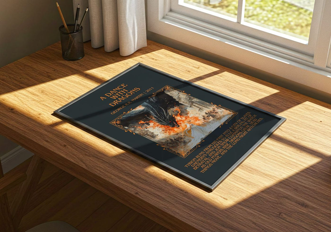 A Dance With Dragons Minimalist Book Poster by George R.R. Martin – print on a sunlit desk