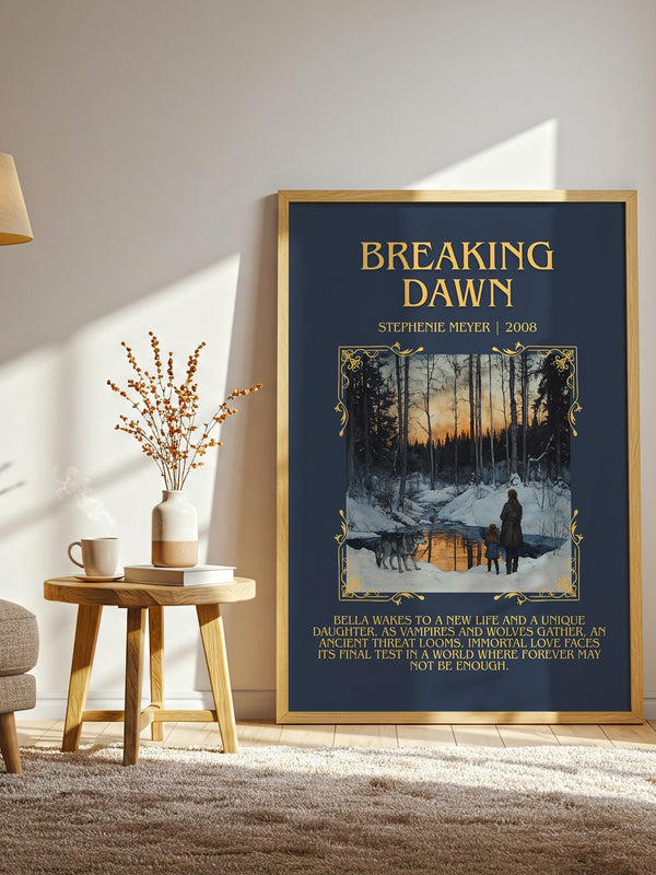 Breaking Dawn minimalist print in frame leaning in hallway – romance wall art